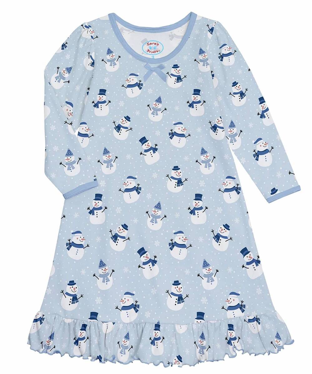 NEW SARA'S PRINTS girl's gentle snowman long sleeve gown in light blue